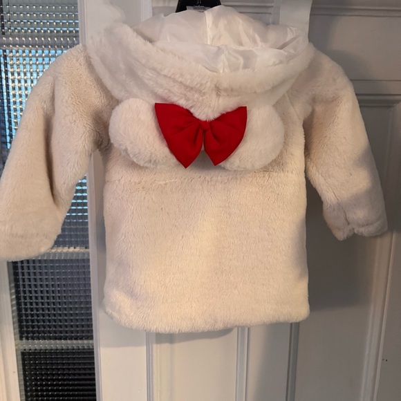 Disney Minnie Mouse Girls Faux Fur White Coat Jacket W/ Hood & Bow Size 3T - Picture 2 of 10